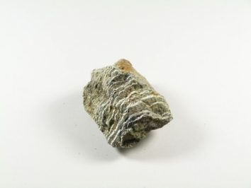 Szary kawałek minerału z wyraźnymi białymi żyłkami na jasnym tle.