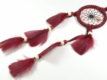 Łapacz snów z czerwonymi piórami i koralikami na białym tle.