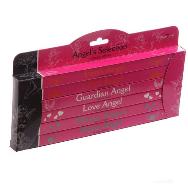 Zestaw różowych opakowań kadzidełek Angel's Selection o różnych nazwach aniołów.
