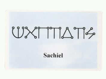 Biała karta z symbolem na górze i napisem „Sachiel” na dole.