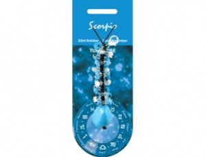 Niebieski naszyjnik z kamieniem i symbolami zodiaku, opakowanie oznaczone jako Skorpion.