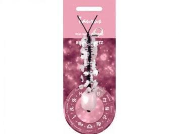 Różowy naszyjnik z kamieniami, na tle znaku zodiaku Byk i symboli astrologicznych.