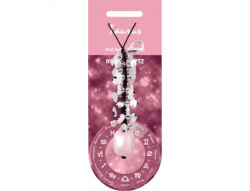 Różowy naszyjnik z kamieniami, na tle znaku zodiaku Byk i symboli astrologicznych.