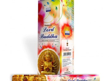 Opakowanie kadzidełek Lord Buddha Darshan z kolorową grafiką i złotą figurą Buddy.