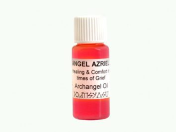 Mała buteleczka z czerwonym olejkiem oznaczona etykietą „Archangel Azriel Oil”.
