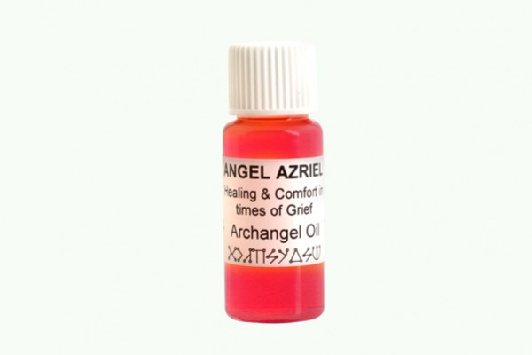 Mała buteleczka z czerwonym olejkiem oznaczona etykietą „Archangel Azriel Oil”.