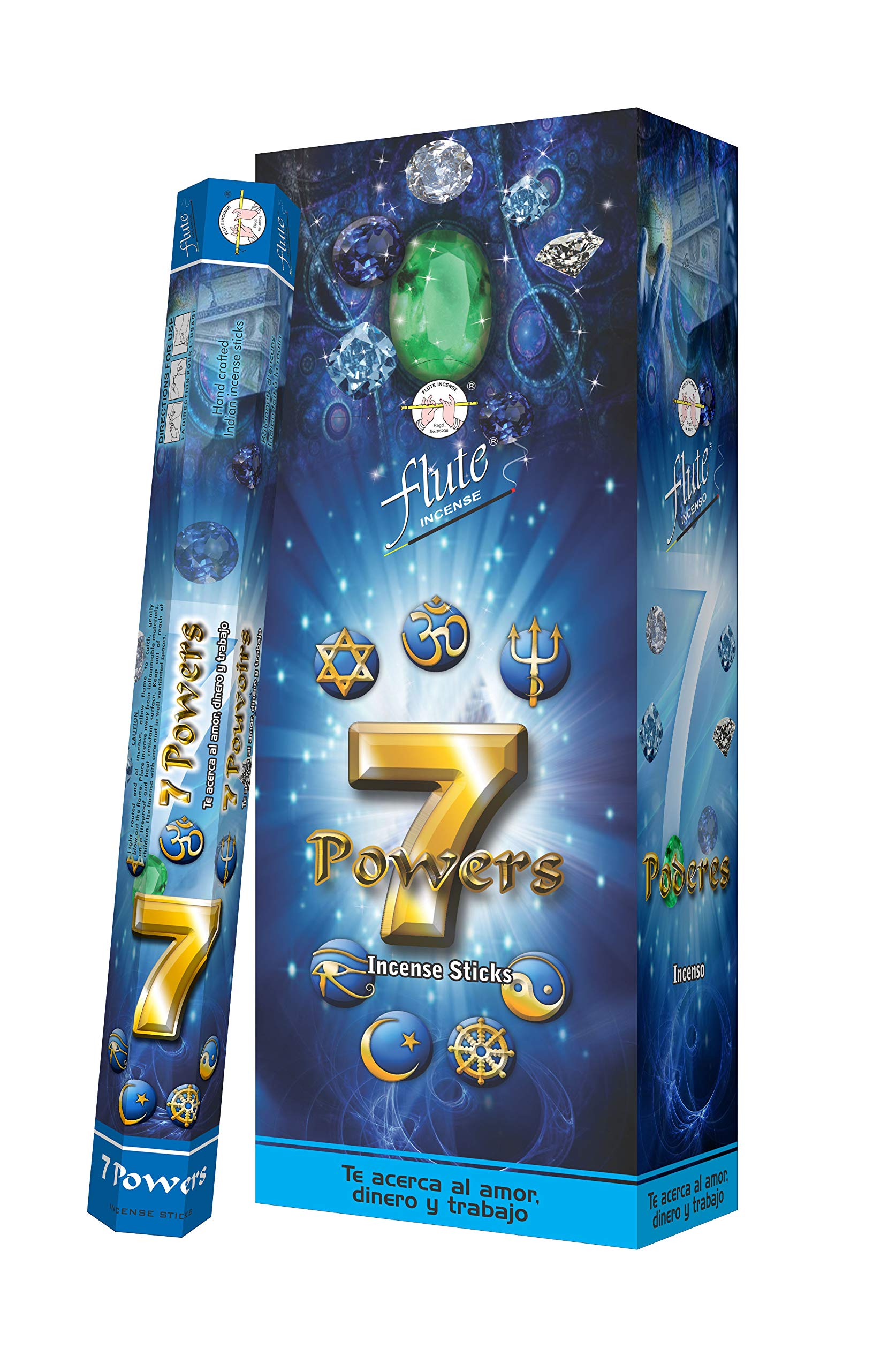 Opakowanie kadzidełek Flute 7 Powers z symbolami religijnymi i mistycznymi na niebieskim tle.