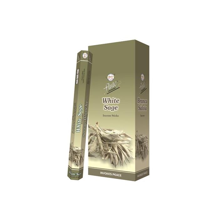 Opakowanie kadzidełek zapachowych o aromacie białej szałwii, widoczne gałązki rośliny.