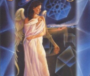 Anioł w białej szacie stoi z wyciągniętą ręką, w tle geometryczne kształty i napis "Celebrating You".