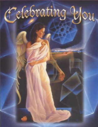 Anioł w białej szacie stoi z wyciągniętą ręką, w tle geometryczne kształty i napis "Celebrating You".