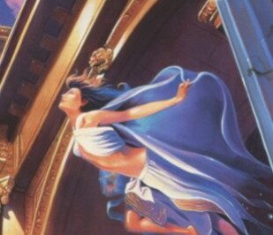 Kobieta w niebieskiej sukni skacze z budynku, nad nią napis „Courage”.