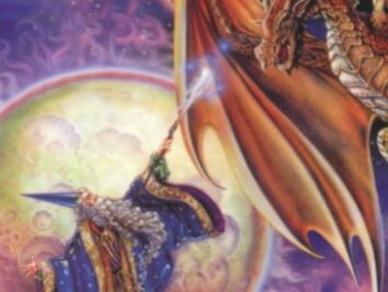 Czarodziej rzuca zaklęcie na latającego smoka na tle planety i gwiaździstego nieba.