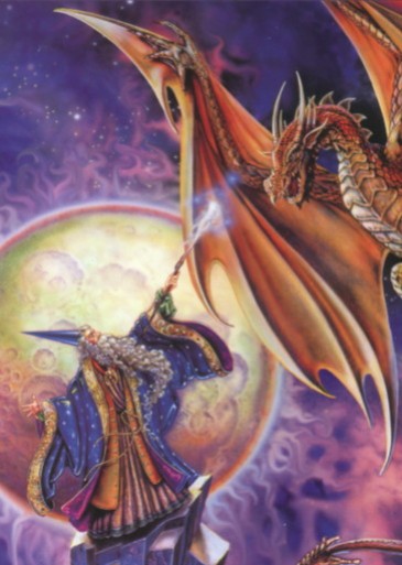 Czarodziej rzuca zaklęcie na latającego smoka na tle planety i gwiaździstego nieba.