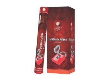 Czerwone opakowanie kadzidełek Destrancadera z grafiką otwartej kłódki na froncie.