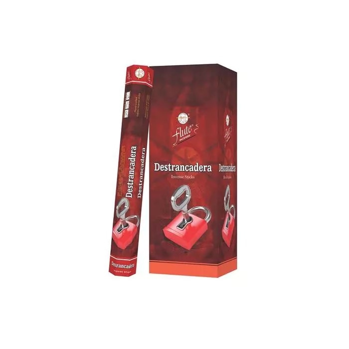 Czerwone opakowanie kadzidełek Destrancadera z grafiką otwartej kłódki na froncie.
