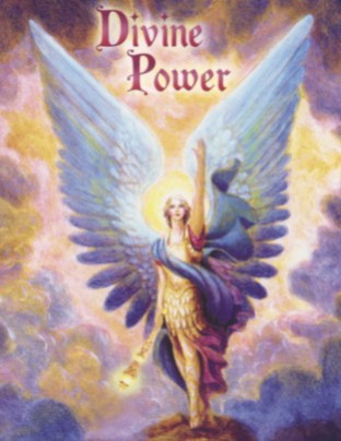 Anioł z rozpostartymi skrzydłami wskazuje niebo, w tle napisy "Divine Power".
