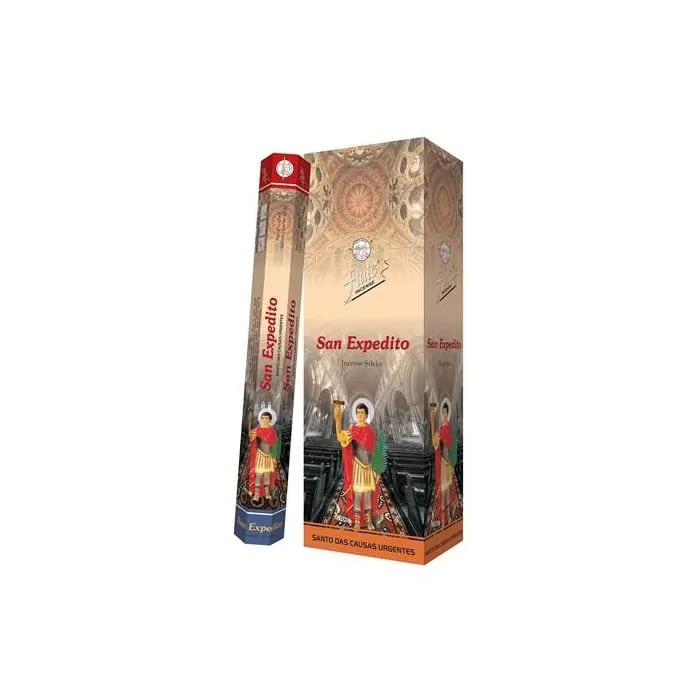 Opakowanie i pudełko kadzidełek San Expedito z wizerunkiem świętego na tle kościoła.