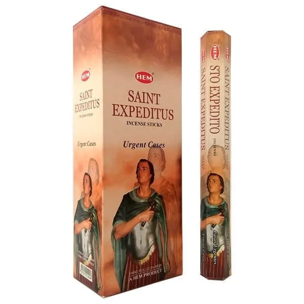 Opakowanie kadzideł HEM Saint Expeditus z wizerunkiem świętego na tle brązowym.