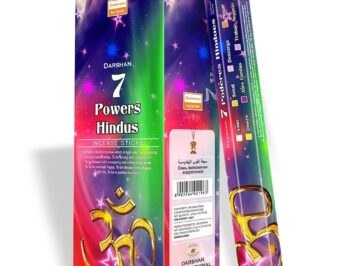 Kolorowe opakowanie kadzidełek Darshan 7 Powers Hindus z symbolem Om i gwiezdnym tłem.