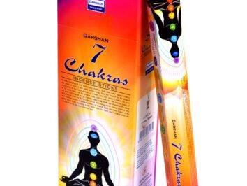 Pudełko i opakowanie kadzidełek "7 Chakras" z sylwetką medytującą i kolorowymi czakrami.
