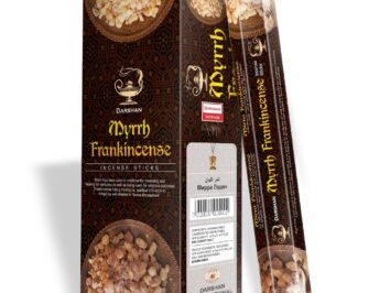 Opakowanie kadzidełek Darshan Myrrh Frankincense z wizerunkiem mirry i kadzidła.