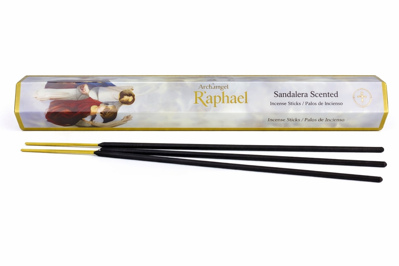 Trzy czarne kadzidełka przed opakowaniem z napisem "Archangel Raphael Sandalera Scented".