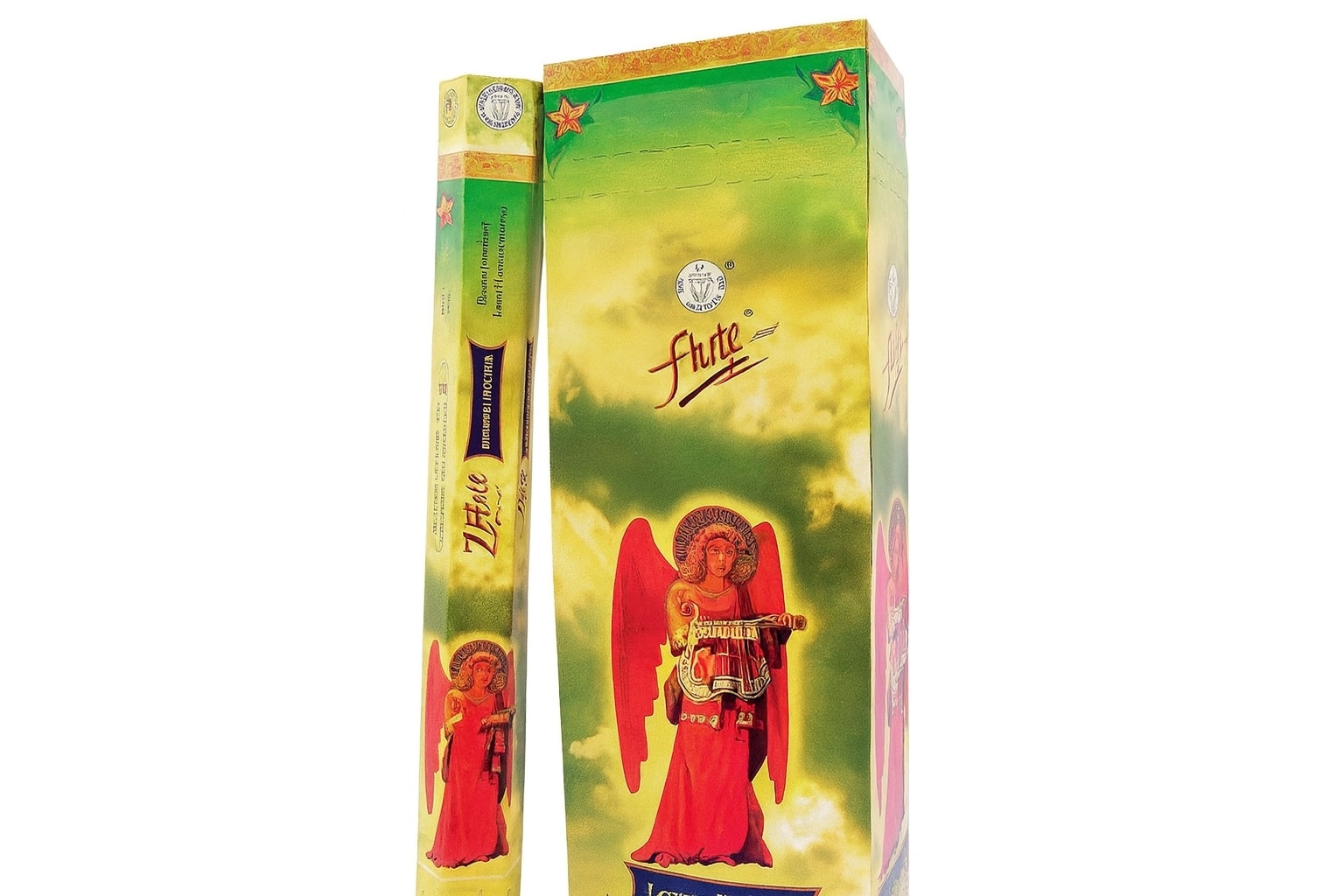 Dwie paczki kadzidełek Flute z wizerunkiem anioła grającego na instrumencie.
