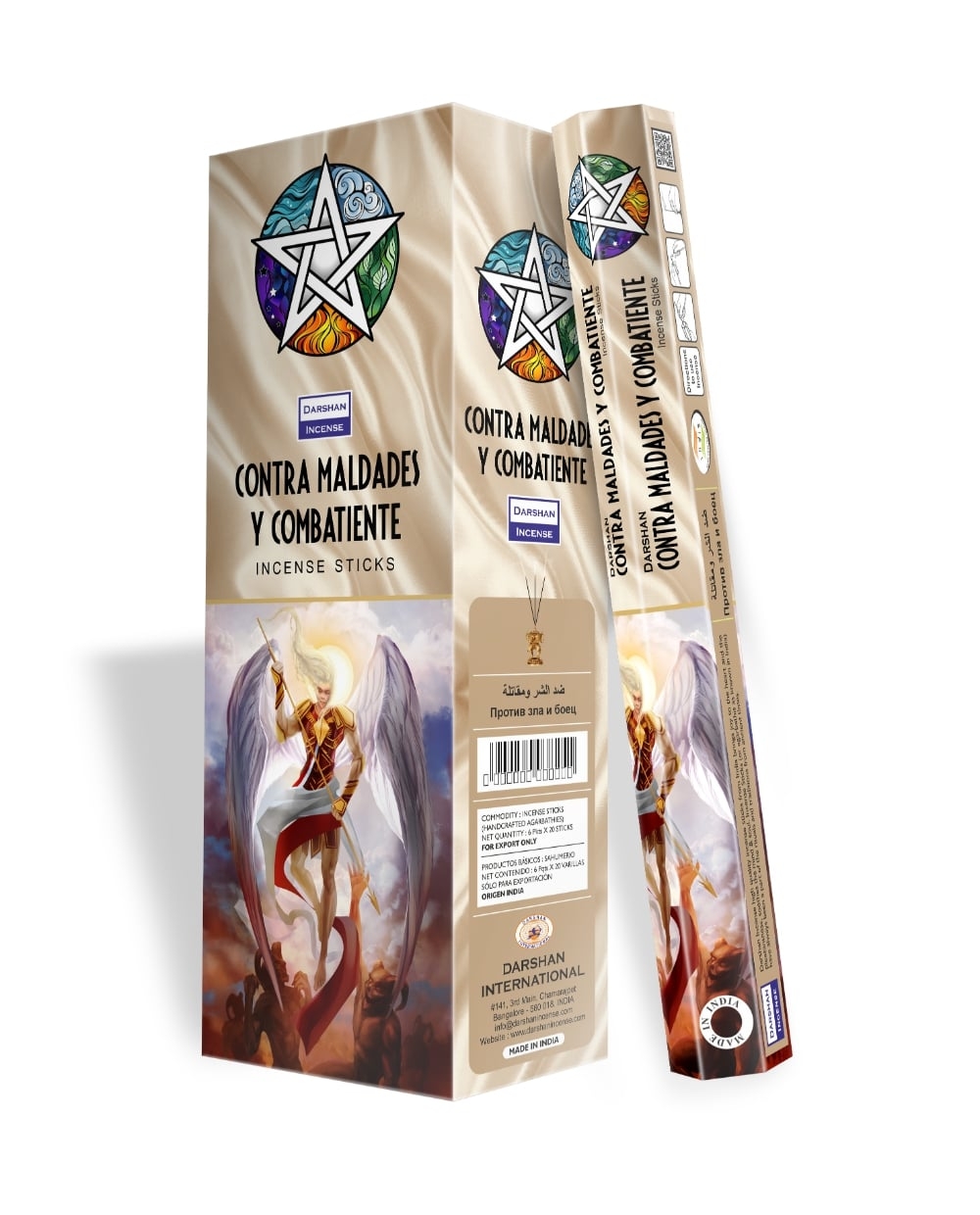 Opakowanie kadzidełek z pentagramem i ilustracją walczącego anioła z mieczem.