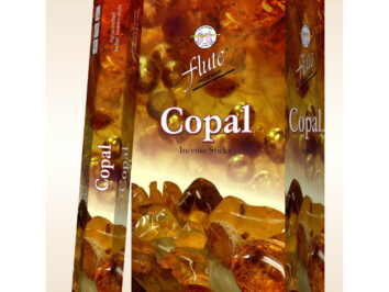 Pudełko i opakowanie patyczków zapachowych Copal marki Flute z grafiką bursztynu.