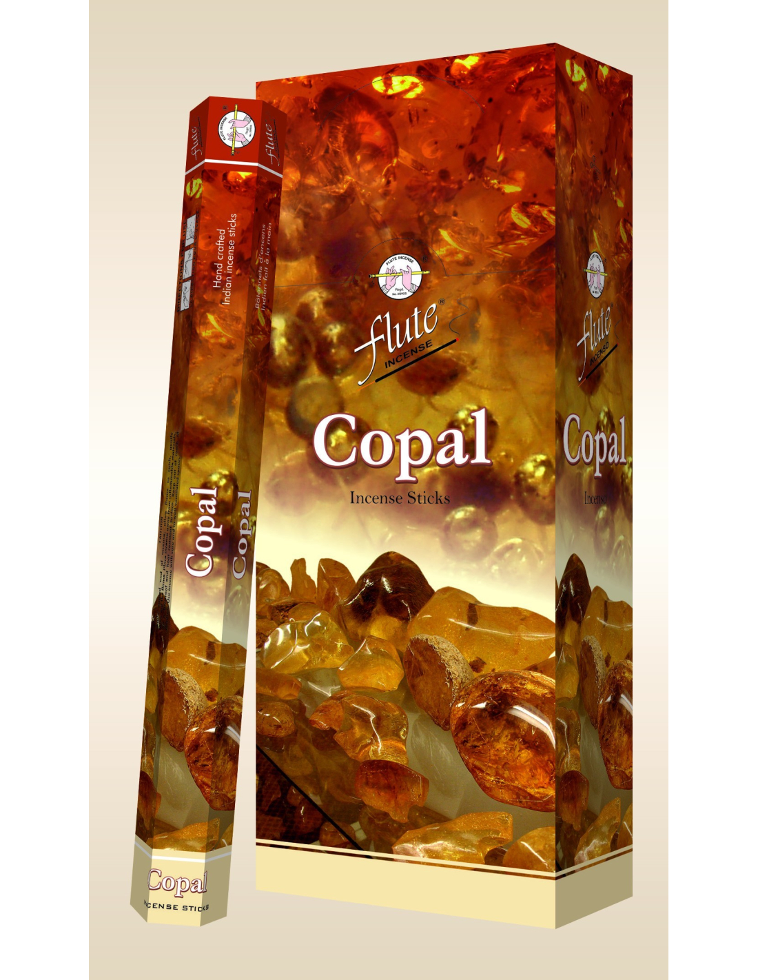 Pudełko i opakowanie patyczków zapachowych Copal marki Flute z grafiką bursztynu.