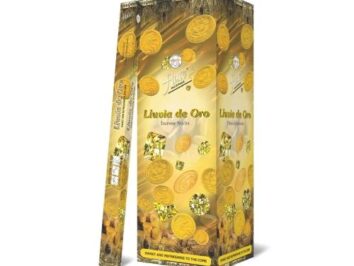 Żółte opakowanie kadzidełek z motywem złotych monet i kryształów.