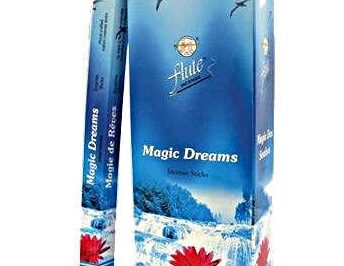 Niebieskie opakowanie kadzidełek Magic Dreams z motywem wodospadu i kwiatem lotosu.