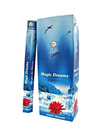 Niebieskie opakowanie kadzidełek Magic Dreams z motywem wodospadu i kwiatem lotosu.