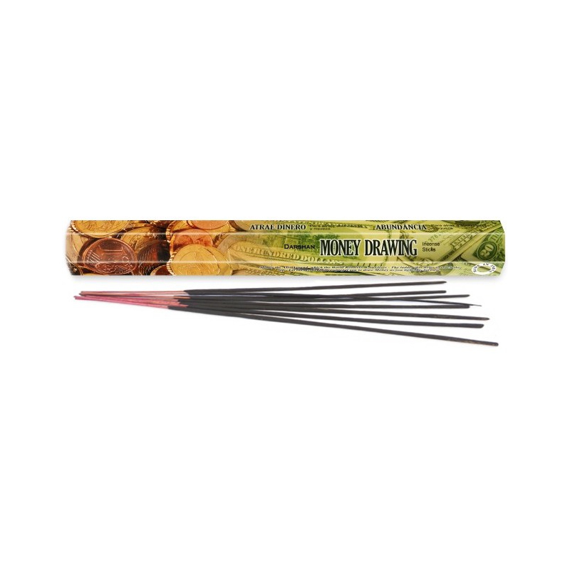 Kadzidełka Money Drawing oraz opakowanie ozdobione monetami i banknotami.