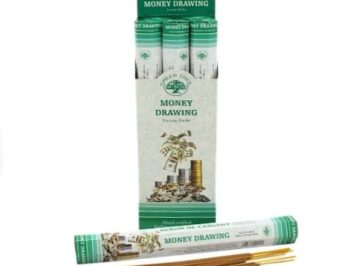 Opakowanie i patyczki kadzidełek Money Drawing z grafiką pieniędzy i monet.