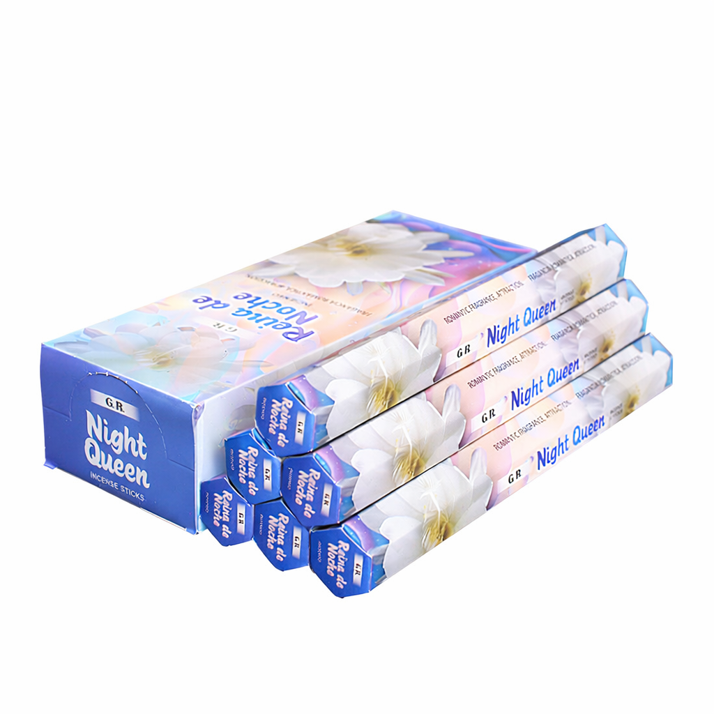 Pudełko i opakowania kadzidełek „Night Queen” z białym kwiatem na opakowaniu.