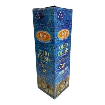 Niebieskie opakowanie kadzidełek z napisem "Olho de Isis" i symbolami graficznymi.