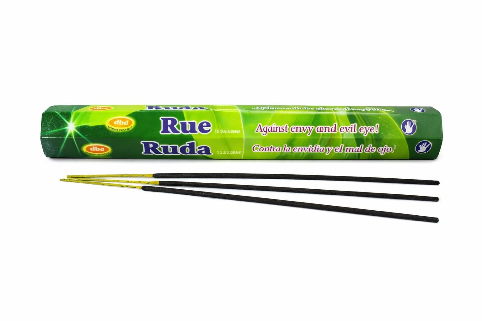 Zielone opakowanie kadzidełek "Rue Ruda" z trzema czarnymi patyczkami na białym tle.