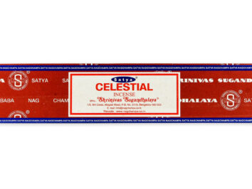 Czerwone pudełko kadzidełek Satya Celestial z białą etykietą na środku.