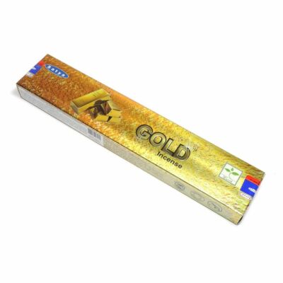 Złote opakowanie kadzidełek z napisem „GOLD incense” i obrazkiem sztabek złota.