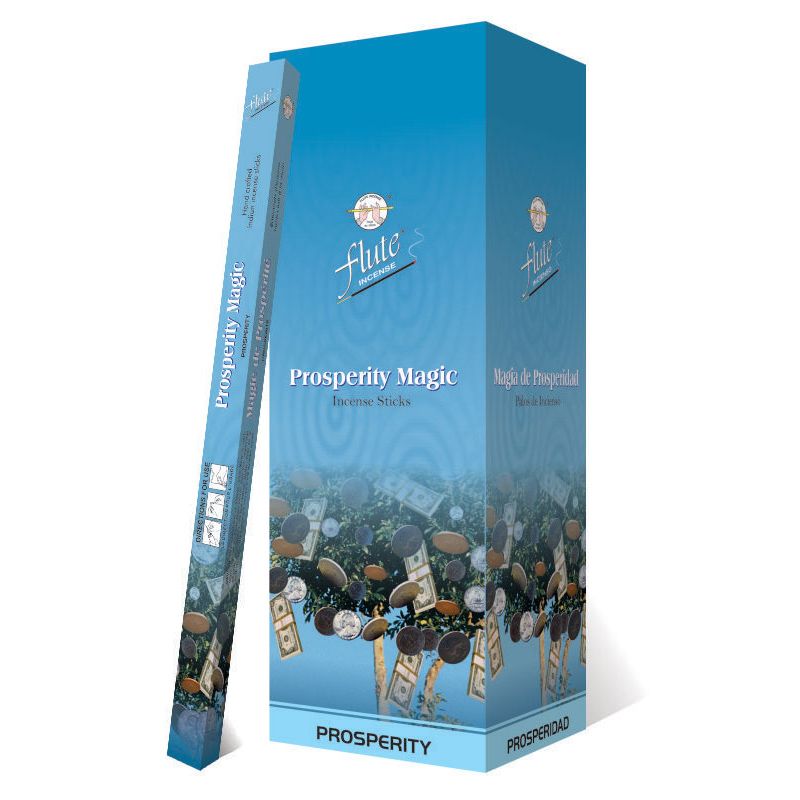 Niebieskie opakowanie kadzidełek Flute Prosperity Magic z motywem monet i banknotów.