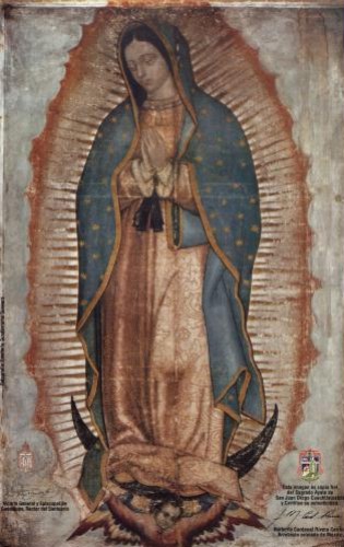 Obraz Matki Bożej z Guadalupe z dłońmi złożonymi do modlitwy.