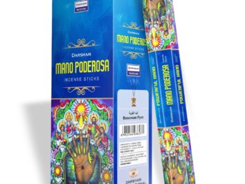 Opakowanie kadzidełek Mano Poderosa z kolorową grafiką dłoni i postaciami religijnymi.