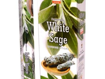 Opakowanie kadzidełek Darshan White Sage z liśćmi szałwii i pękiem szałwii na obrazku.