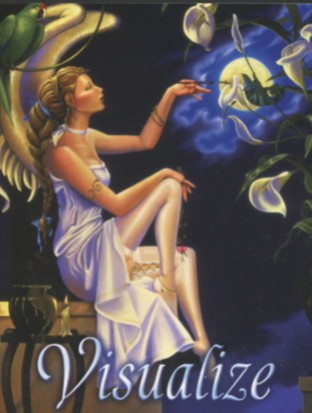 Kobieta w białej sukni siedzi i patrzy na księżyc, wokół niej kwiaty i rośliny.