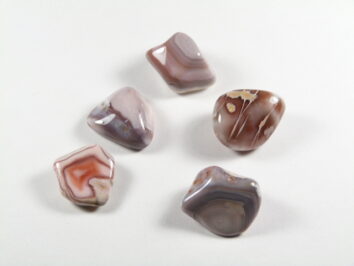 Pięć polerowanych kamieni agatu leży na białym tle.