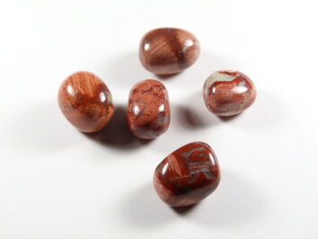 Kamień jaspis makowy poppy gładzony. Pięć wypolerowanych, brązowo-czerwonych kamieni leży na białym tle.