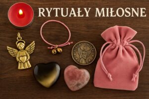 Zestaw przedmiotów do rytuałów miłosnych: aniołek, bransoletka, moneta, serce z kamienia, różowy woreczek i świeca na drewnianym tle z napisem „Rytuały miłosne”.