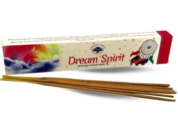 Kadzidełka Dream Spirit w opakowaniu. Siedem brązowych kadzidełek leży przed kolorowym opakowaniem z napisem "Dream Spirit".