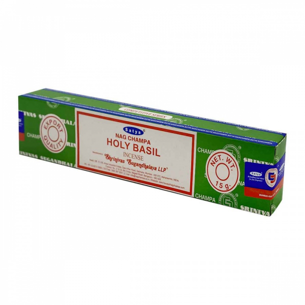 Kadzidełka Holy Basil w zielonym opakowaniu z patyczkami. Zielone opakowanie kadzidełek Satya Nag Champa Holy Basil o wadze 15 g.